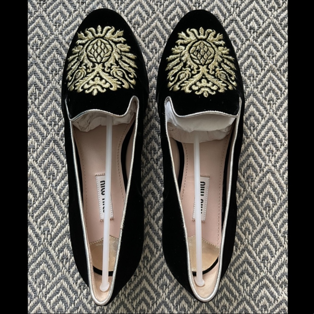 Miu Miu Black Embellished Velvet Smoking Slipper Brand New in Box Size 35.5